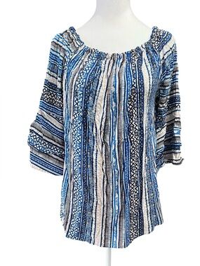 LASCANA Boho Peasant Blouse Blue Tribal Stripe Bell Sleeve Sz 10 On/Off Shoulder